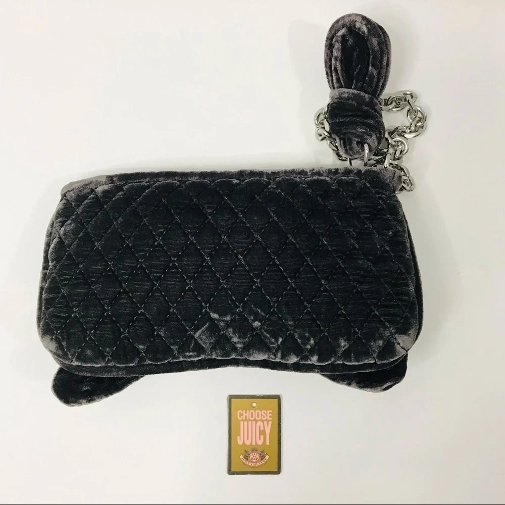 JUICY COUTURE Dark Gray Soft Velvet Bow Wristlet Clutch